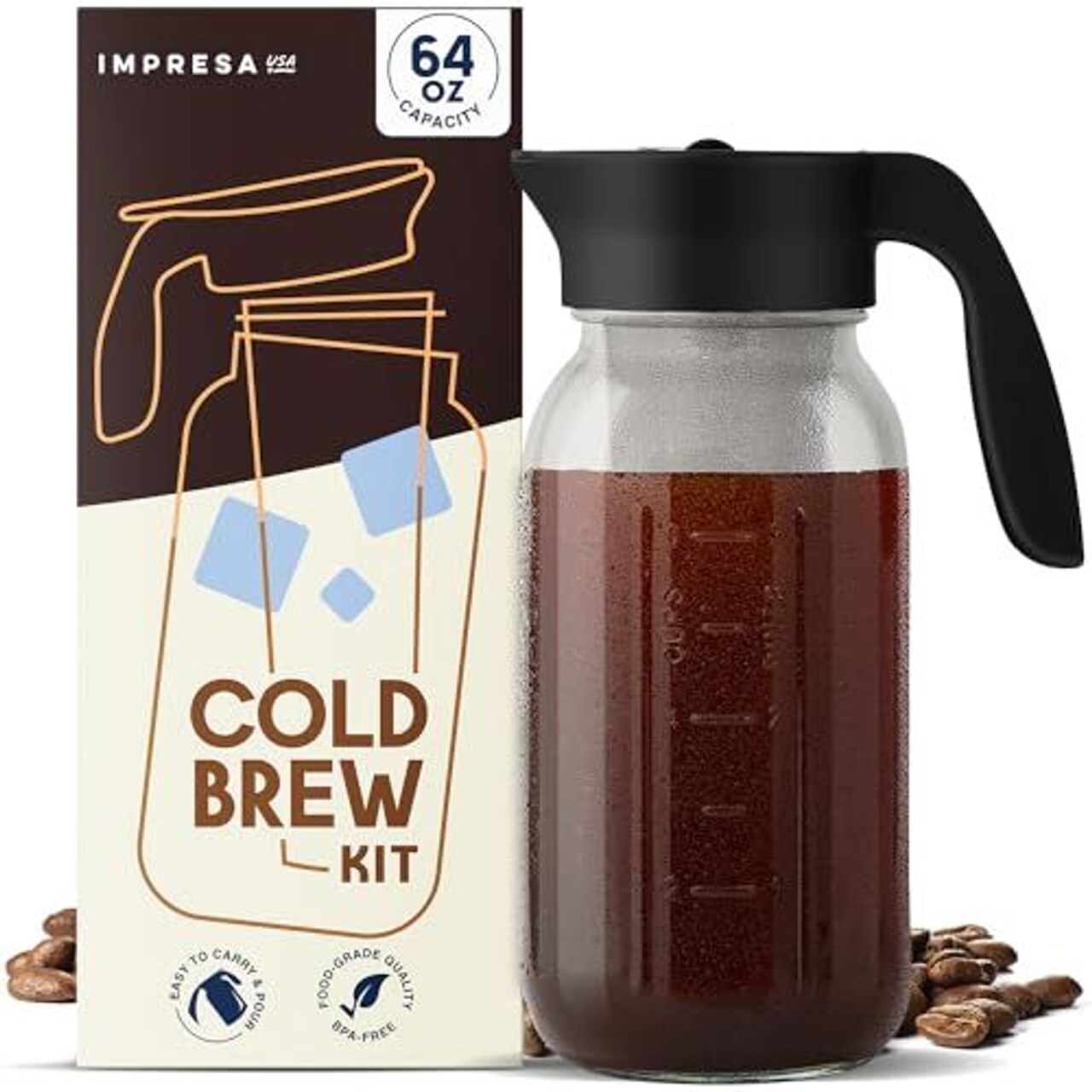 IMPRESA 64 oz Cold Brew Mason Jar Coffee Maker w/ Wide Mouth Cold Brew Coffee Pitcher, Lid, Bonus Gasket & Cold Brew Filter for Mason Jar - Glass Mason Jar - 64 oz Mason Jar Tea Infuser